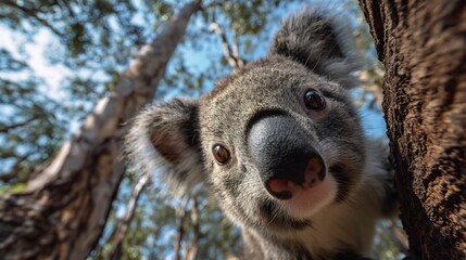 Obraz premium Adorable koala peeking from a tree trunk, with blurred natural background.