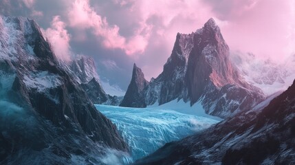 Majestic snow-capped mountains, glacier valley, vibrant sunset sky.  Use  Inspirational wallpaper