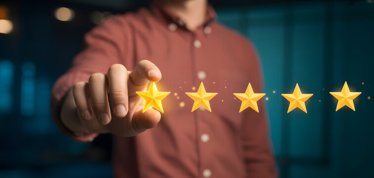 Man giving five star rating for excellent service, showing customer satisfaction and a positive review, signaling quality assurance and brand trust