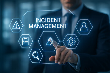 Incident management process business technology concept. Businessman using laptop with incident management icon on virtual screen. diagnosing and resolving unexpected problems that occur.