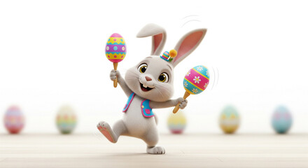 Joyful Easter bunny playing maracas with decorative eggs, celebrating spring and fun times