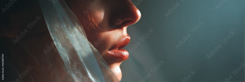 Aufkleber feminine profile with light softly filtering through a veil, creating an ethereal and poetic atmosph