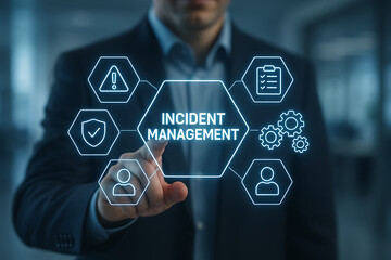 Incident management process business technology concept. Businessman using laptop with incident management icon on virtual screen. diagnosing and resolving unexpected problems that occur.