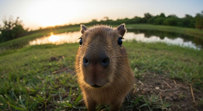 A friendly capybara in a close-up portrait, looking curious in nature.