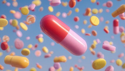 A large pink and red capsule floats amidst a flurry of smaller, colorful pills against a light blue sky
