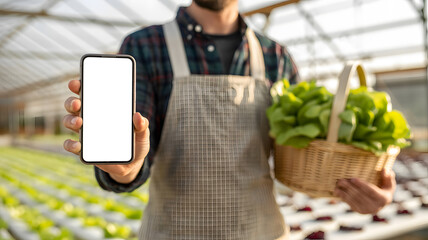 Modern farmer showcases fresh lettuce harvest on phone, offering a glimpse into sustainable agriculture and farm-to-table freshness in a thriving greenhouse