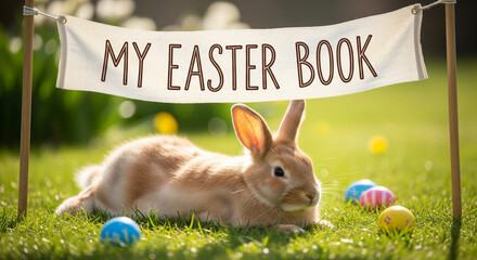 Adorable Easter Bunny relaxing in sunny garden next to colorful eggs, perfect spring scene