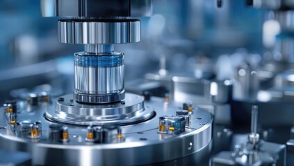 Close-up of automated machinery, likely pharmaceutical or medical production.  A clear glass cylinder is being processed by precise metal mechanisms