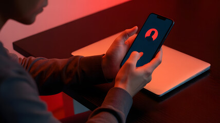 Securely accessing a profile on a smartphone for safe data sharing and privacy, illuminated by modern red light, with laptop nearby for digital workflow