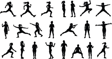 Silhouette collection of women performing various fitness, exercise, and workout poses, ideal for sports, health, and vector design use
