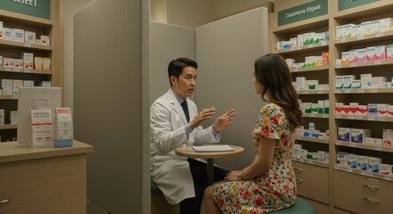 A pharmacist providing a consultation in a private corner of the pharmacy, discussing medication side effects with a patient.