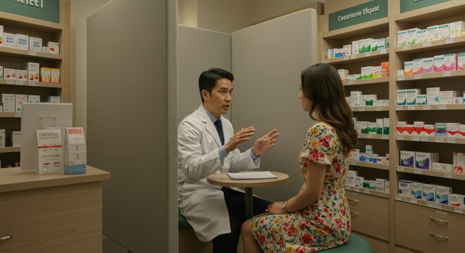 A pharmacist providing a consultation in a private corner of the pharmacy, discussing medication side effects with a patient. - Powered by Adobe