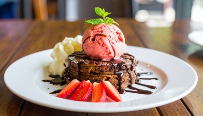 A delicious dessert featuring a chocolate brownie, strawberry ice cream, whipped cream, fresh strawberries, and chocolate sauce on a white plate, presented on a wooden table.