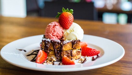 A stack of French toast topped with strawberry and vanilla ice cream, a fresh strawberry, and chocolate sauce, presented on a white plate.