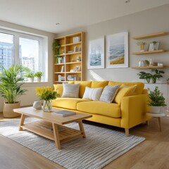 Fototapeta premium Modern living room with yellow sofa