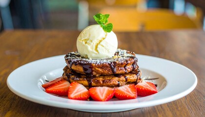 A stack of french toast topped with a scoop of vanilla ice cream, chocolate sauce, mint, and powdered sugar, garnished with sliced strawberries on a white plate.