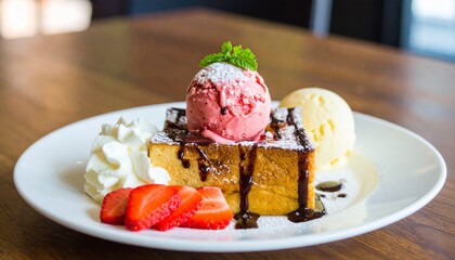 Honey toast dessert with strawberry ice cream, vanilla ice cream, whipped cream, sliced strawberries, chocolate sauce and powdered sugar on a white plate.