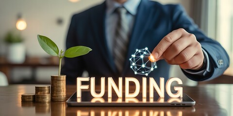 Businessman touching glowing network sphere above word funding with stacked coins and plant finance investment
