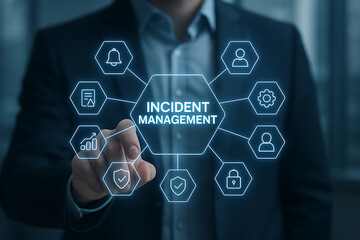 Incident management process business technology concept. Businessman using laptop with incident management icon on virtual screen. diagnosing and resolving unexpected problems that occur.