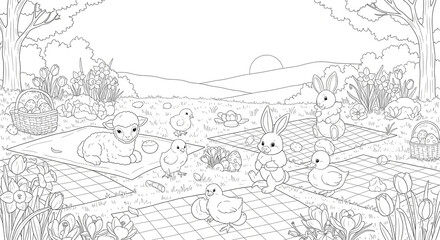 Adorable Easter scene with bunnies, chicks, lamb, and eggs in a peaceful outdoor setting