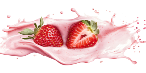 Closeup of pink milky splash and ripe fresh red strawberries isolated on white background. Pink liquid in motion, milky strawberry shake. Generative AI 3d render illustration imitation.