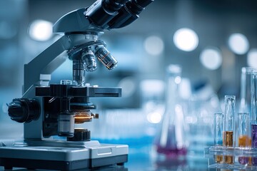 Close-up of a microscope in a laboratory setting.  Blurred lab glassware and equipment are in the background