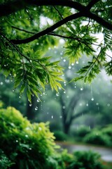 Obraz premium Lush green leaves in rain