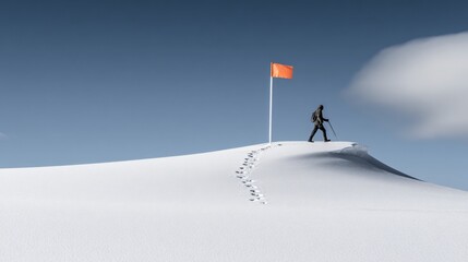 side view of solo hiker trekking snow ridge with flag pole in hand