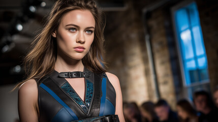 Edgy Black and Blue Leather Runway Look – Strong Empowered Aesthetic at London Fashion Week