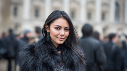 Glamorous Street Style Look in Faux Fur Coat at London Fashion Week – Elegant Black Fashion Inspiration