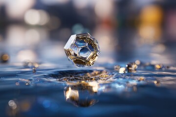 Glass geometric shape floats above water, reflecting light