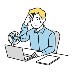 暑さに耐えながらデスクで仕事をする男性（夏のオフィス）
