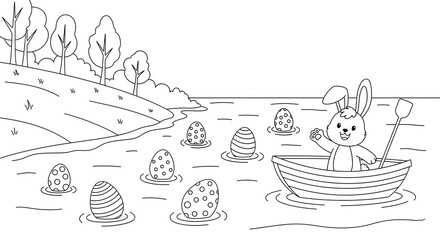 Easter bunny in a boat with decorated eggs floating on the water, springtime fun