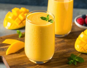 Mango smoothies in a glass and some accessories on the table.