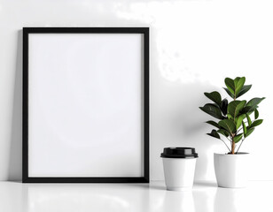 Black frame mockup with plant and coffee cup on white surface template