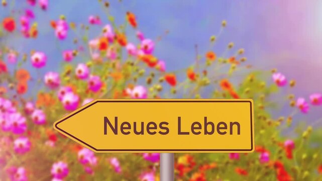 Eine Wiese im Sommer und Schild in Richtung Neues Leben