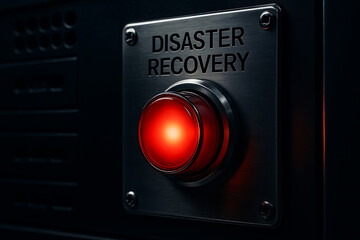 Close-up of red PUSH button labeled "DISASTER RECOVERY" on black metal surface, symbolizing emergency response, disaster recovery plan activation, and crisis management systems
