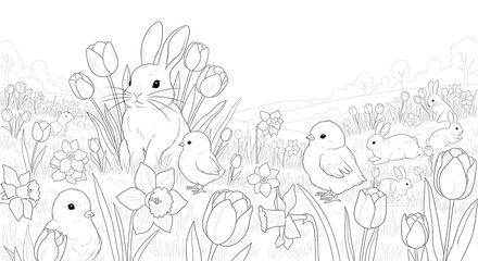 Springtime scene with adorable rabbits and chicks in a field of tulips and daffodils, ready to color