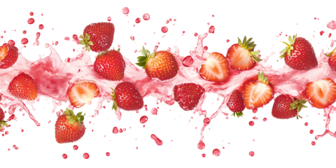 Closeup of pink milky splash and ripe fresh red strawberries isolated on white background. Pink liquid in motion, milky strawberry shake. Generative AI 3d render illustration imitation.