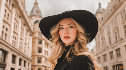 Elegant Fashion Blogger at London Fashion Week Wearing Iconic Black Hat and Timeless Street Style