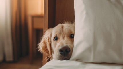 A golden retriever peeks from behind a beige pillow, looking directly at the viewer with relaxed eyes,
