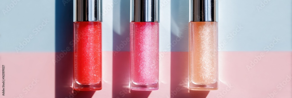 Poster brightly colored lip gloss tubes casting playful shadows on a soft pastel gradient backdrop in a cre