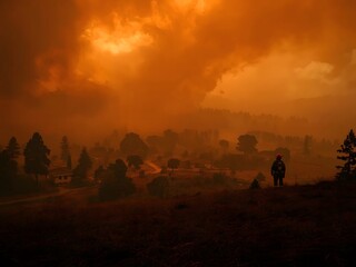 Fototapeta premium Firefighter observing wildfire damage orange smoke obscures rural landscape