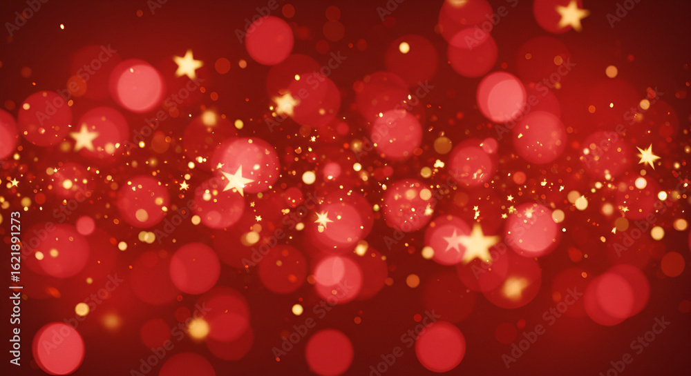 Poster elegant red and gold bokeh background with sparkling stars for festive occasions