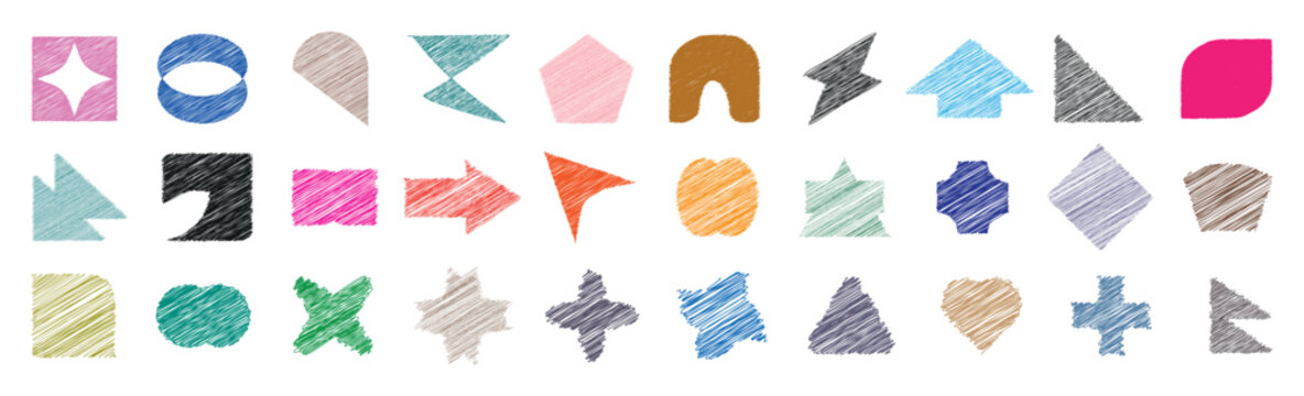 Scrible basic shape. Colorful paint geometric shape sticker, crayon special label, chalk badge star, grunge retro figure, charcoal simple form. Naive brutal figures background. 