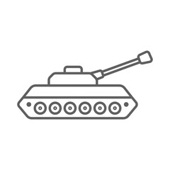Military tank icon in outline style, armored vehicle symbol for war, defense, army combat, battlefield, weapon transport. Editable stroke
