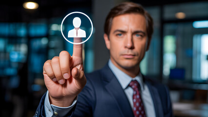 Professional touches virtual profile interface, innovating recruitment processes.
