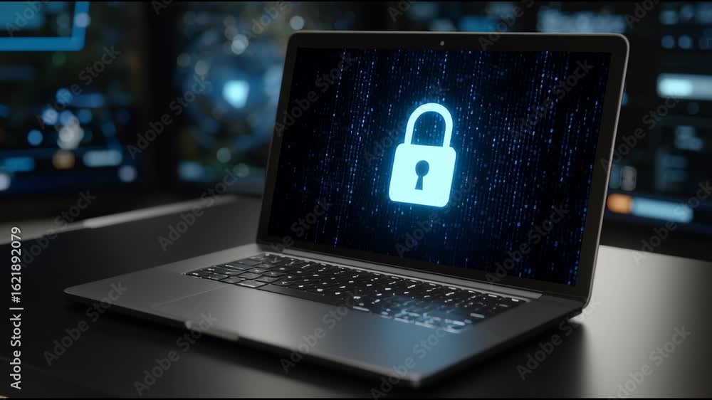 Poster laptop lock cybersecurity technology digital security data protection computer screen code internet 