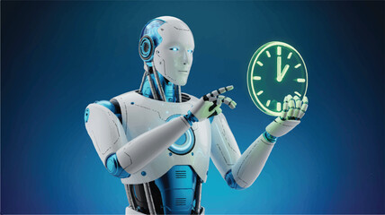 Naklejka premium White humanoid robot with blue accents holding a glowing green clock android artificial intelligence