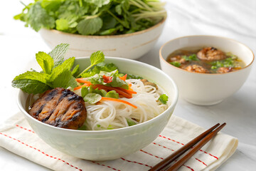 Delicious Vietnamese Grilled Pork Noodle Bowls with Fresh Herbs